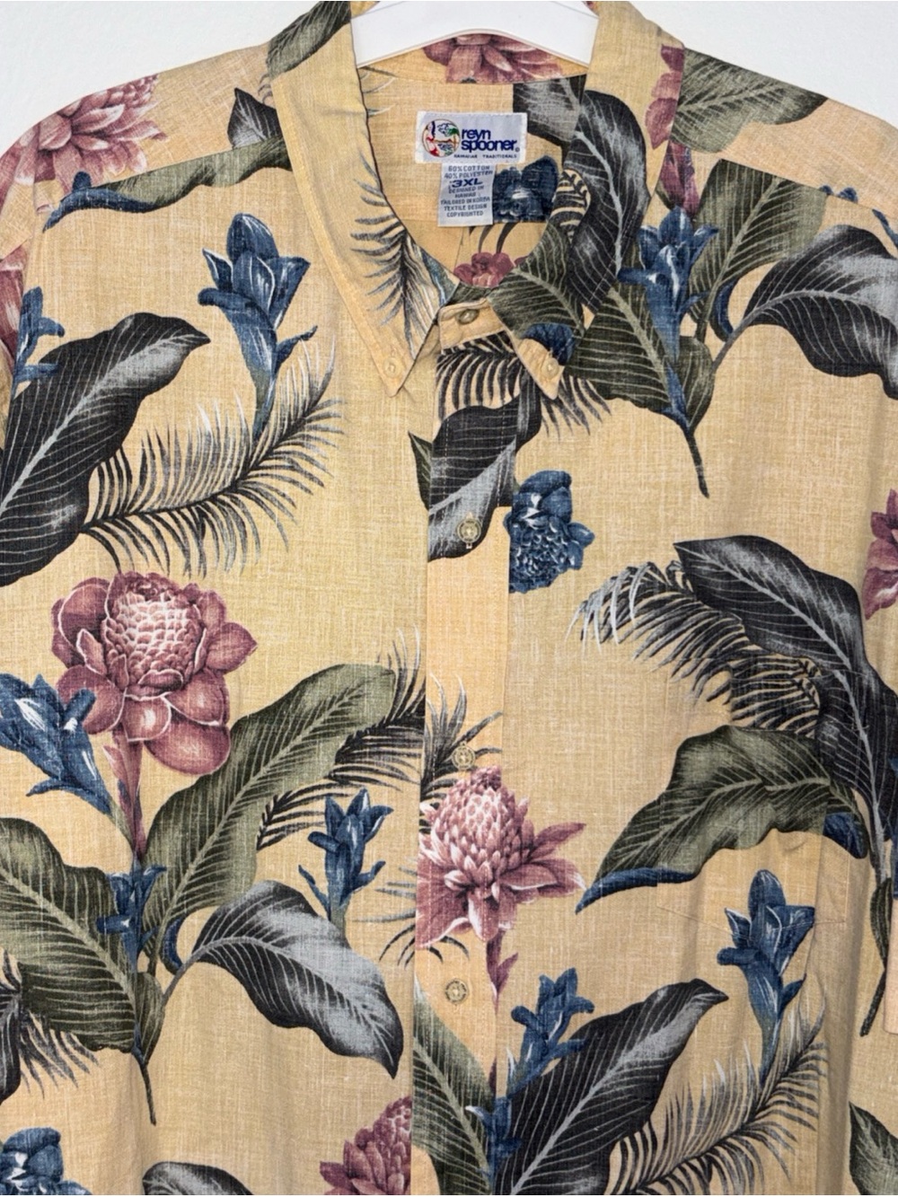 reyn spooner Beige Hawaiian Shirt with Blue & Green Tropical Print
